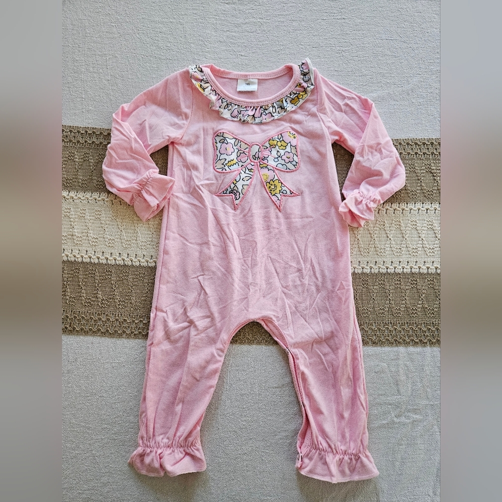 Sassy Kids Pink Floral Bow Applique Romper Sz 6-12M - Picture 2 of 5